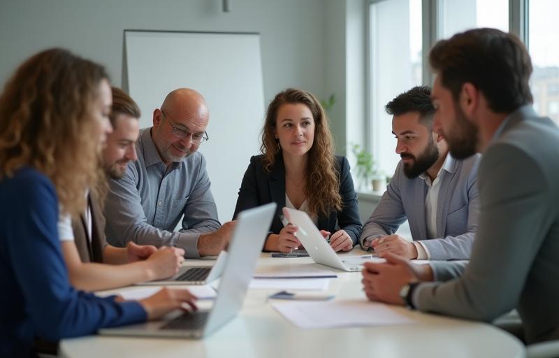 Diverse group of professionals collaborating in a modern office